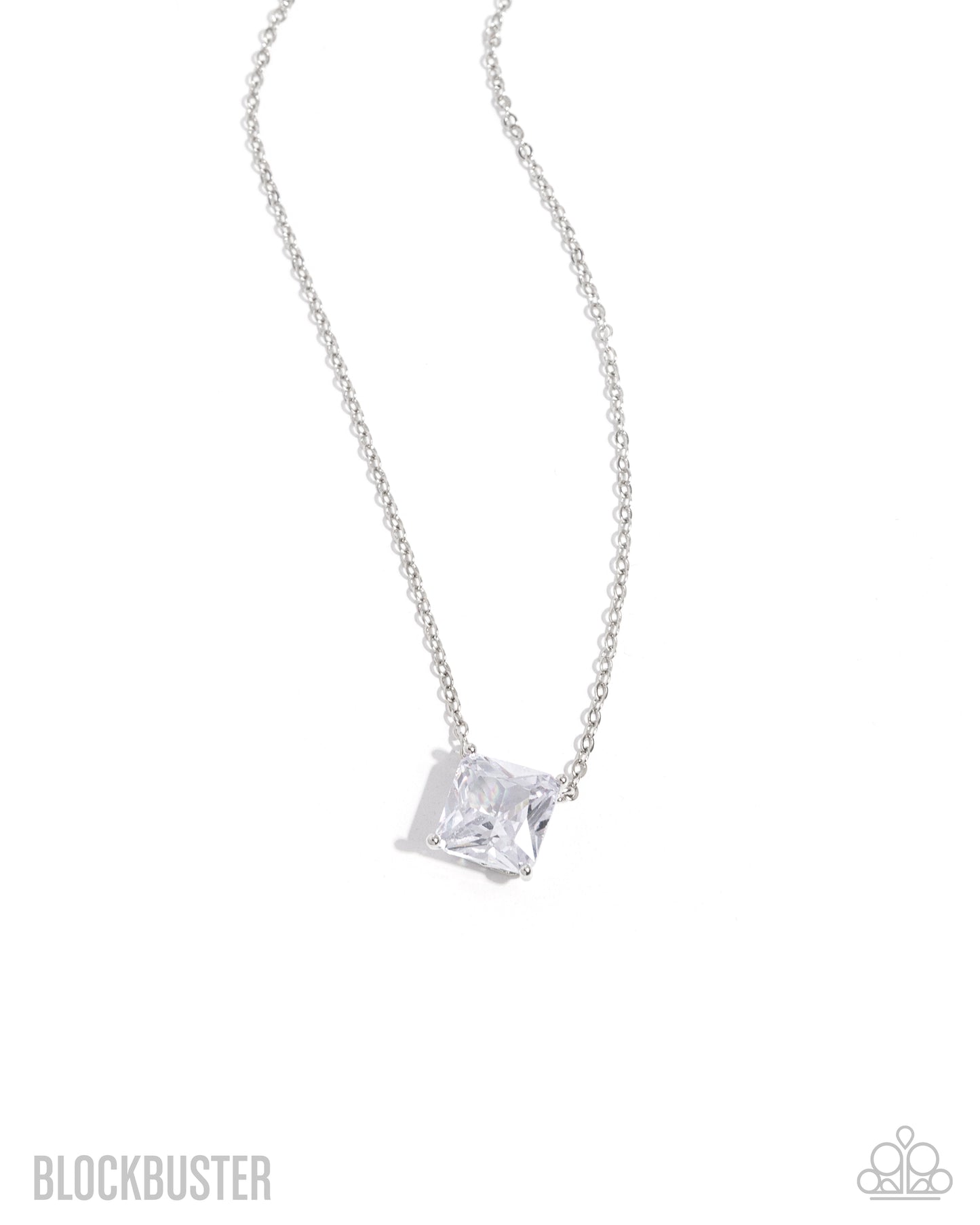Silver necklace with a square pendant on a white background
