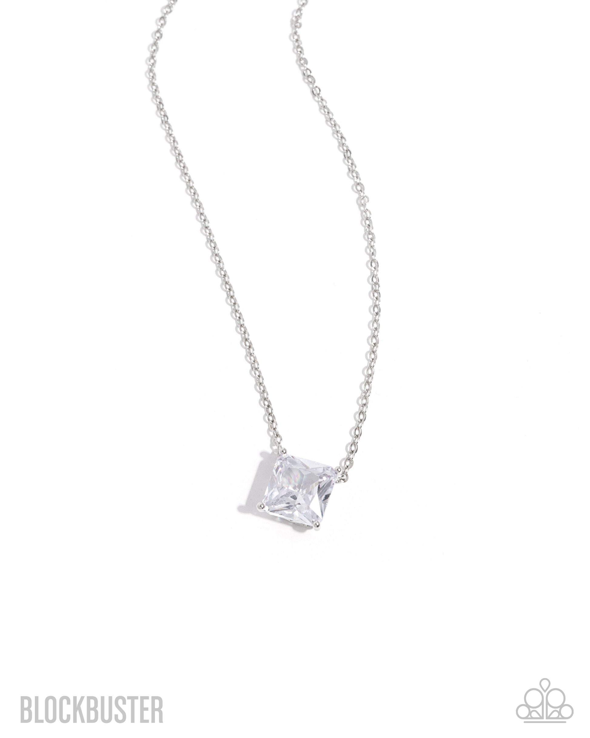 Silver necklace with a square pendant on a white background