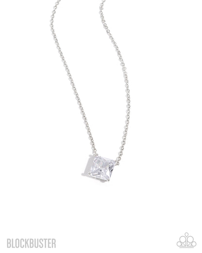 Silver necklace with a square pendant on a white background
