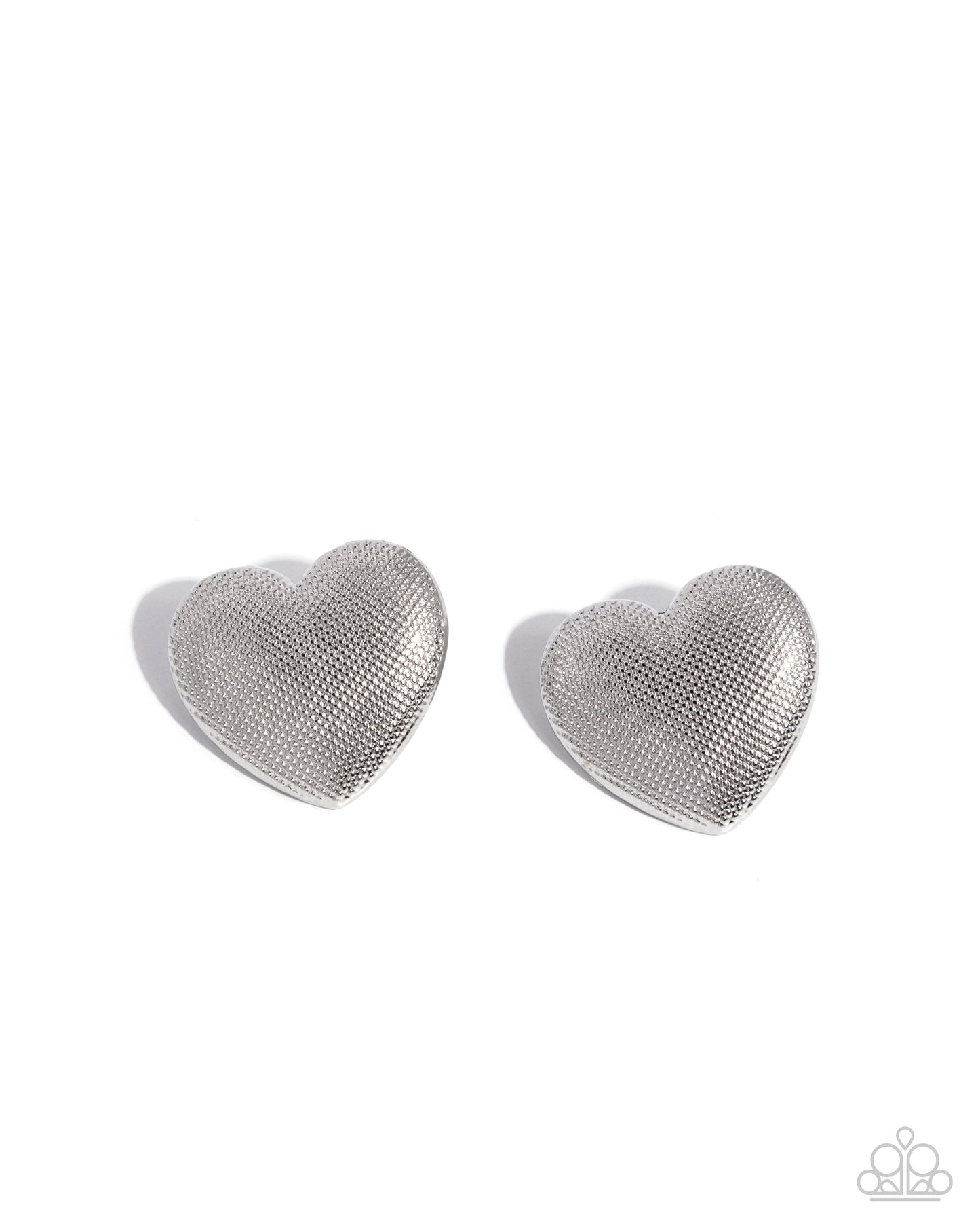 Heart-shaped silver mesh earrings on a white background