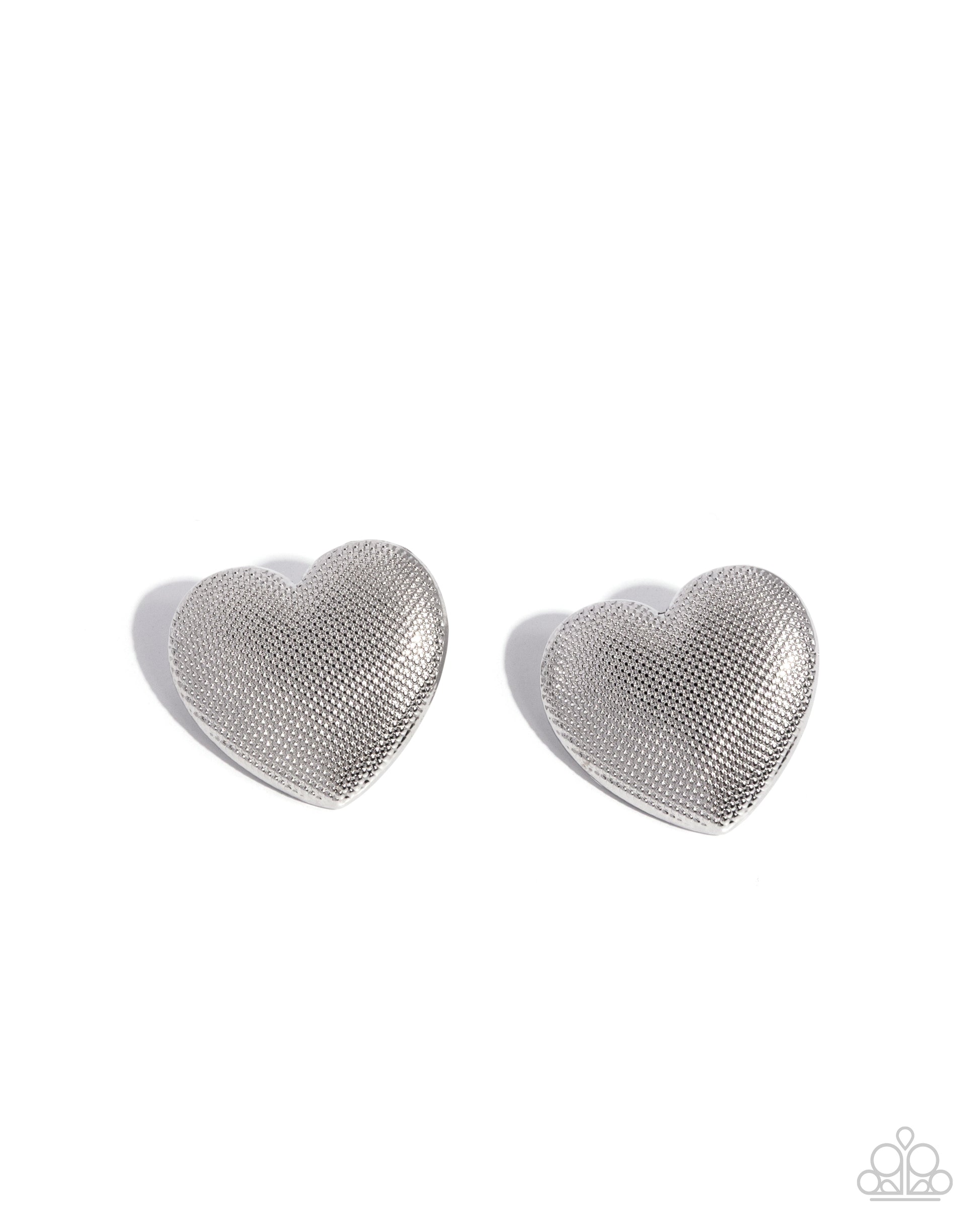 Heart-shaped silver mesh earrings on a white background