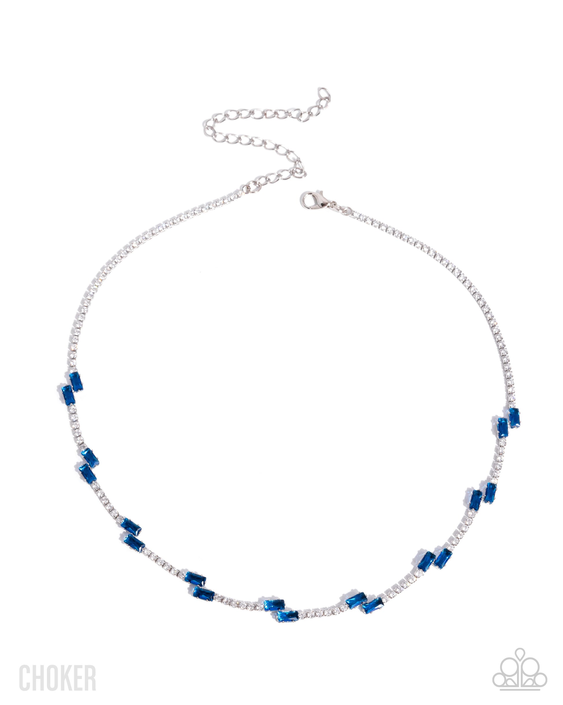 Necklace with blue and silver beads on a white background