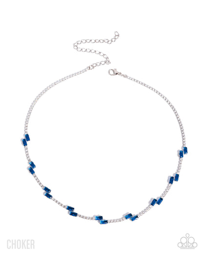 Necklace with blue and silver beads on a white background