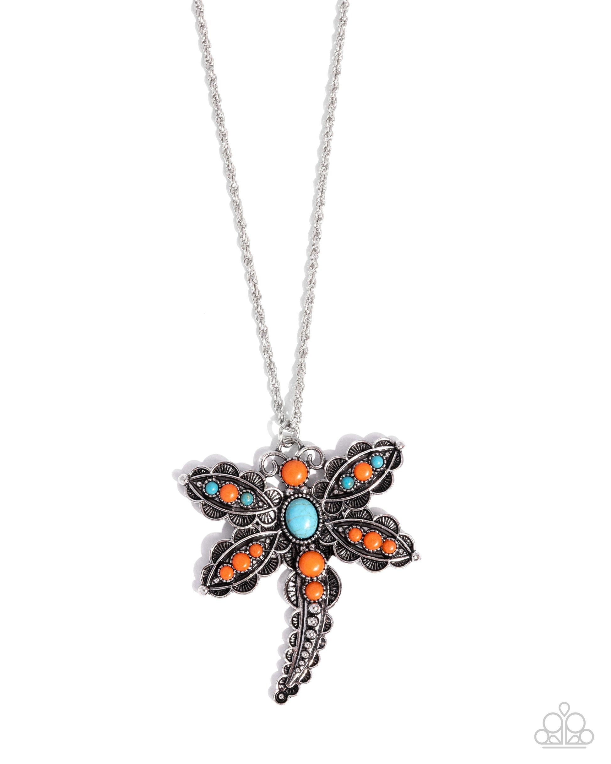 Dragonfly-shaped necklace with colorful stones on a white background