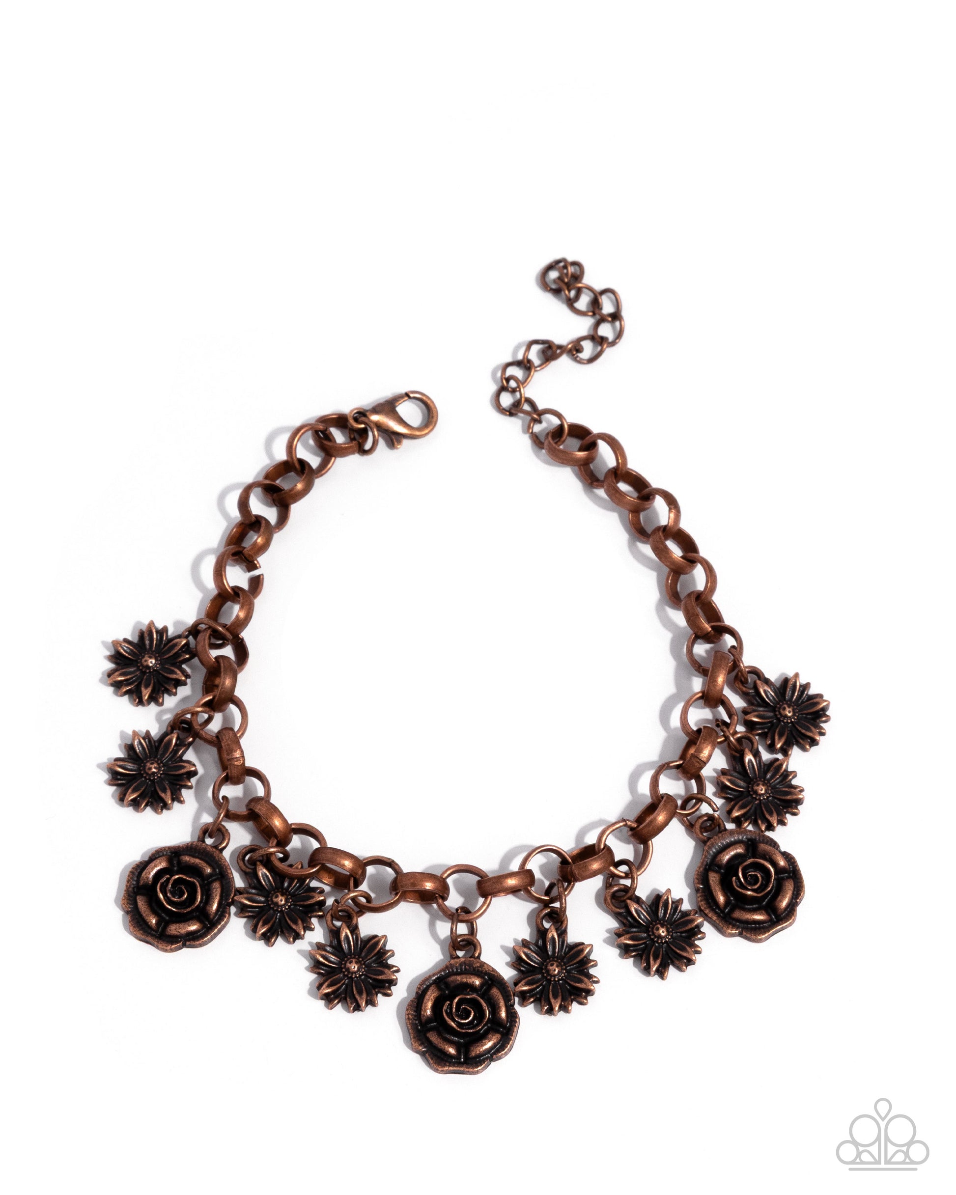 Copper necklace with floral charms on a white background