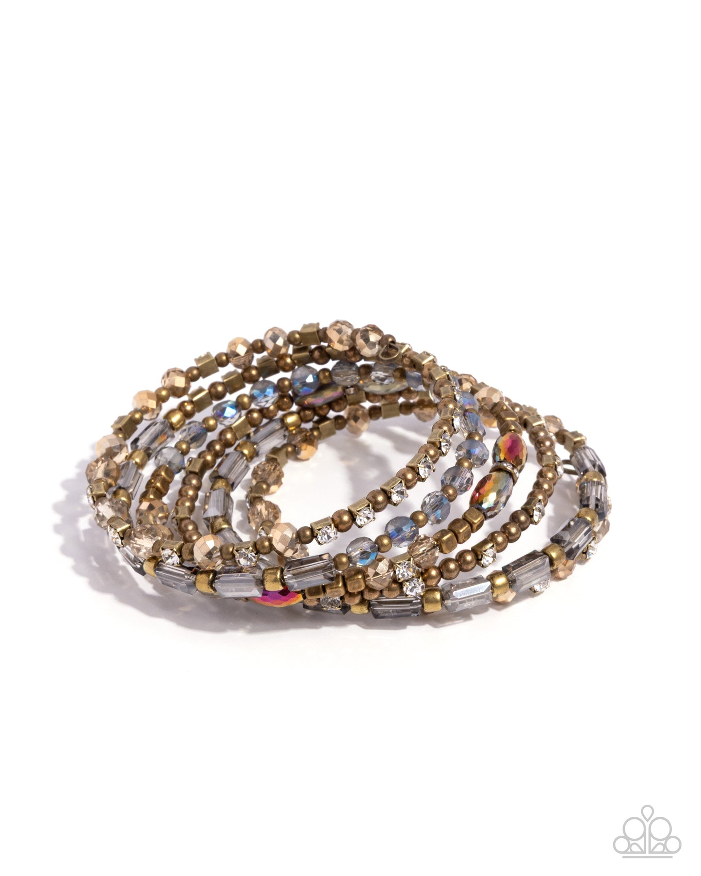 Multistrand beaded bracelet with gold, silver, and multicolor beads on a white background