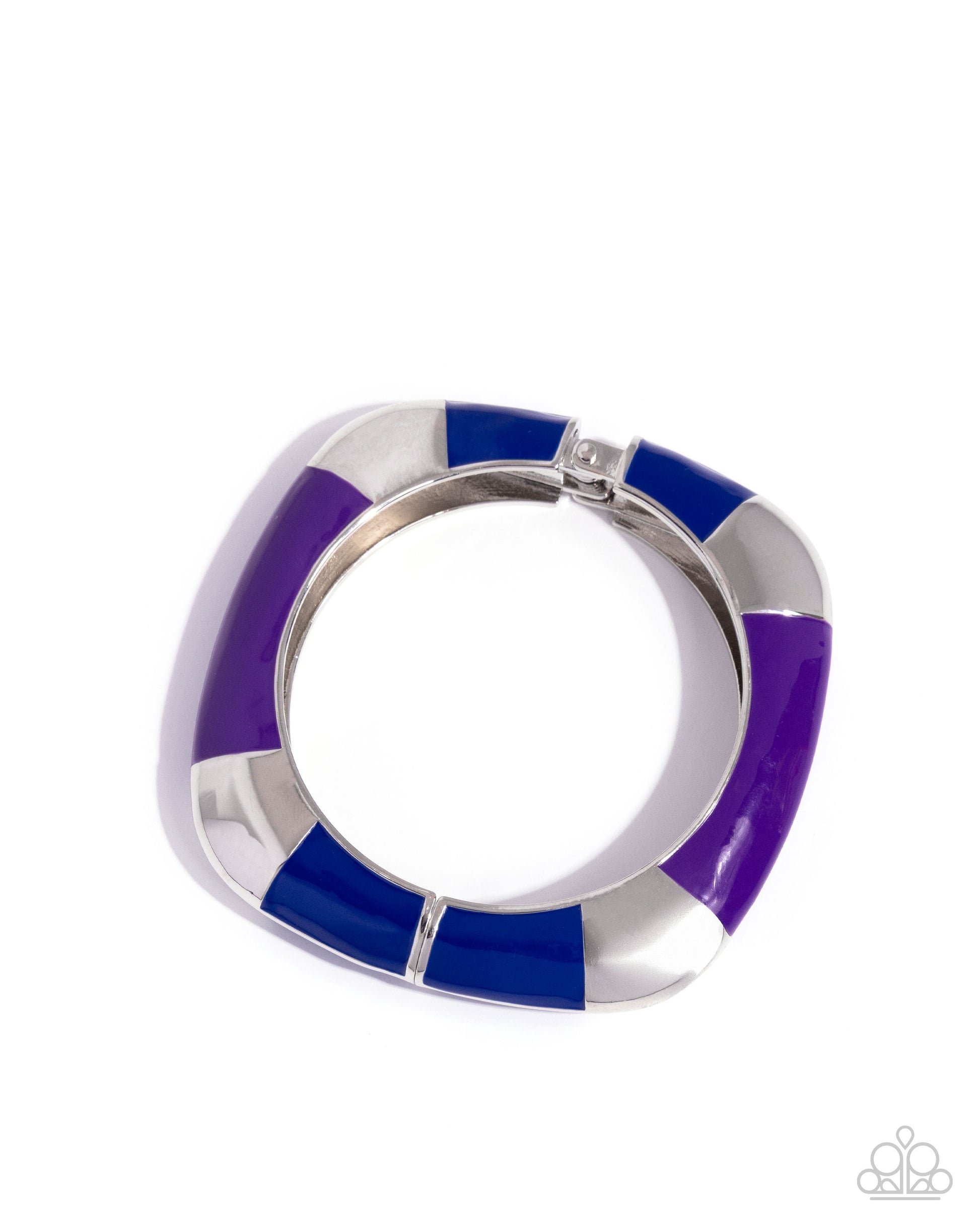 Silver ring with purple and blue concentric bands on a white background