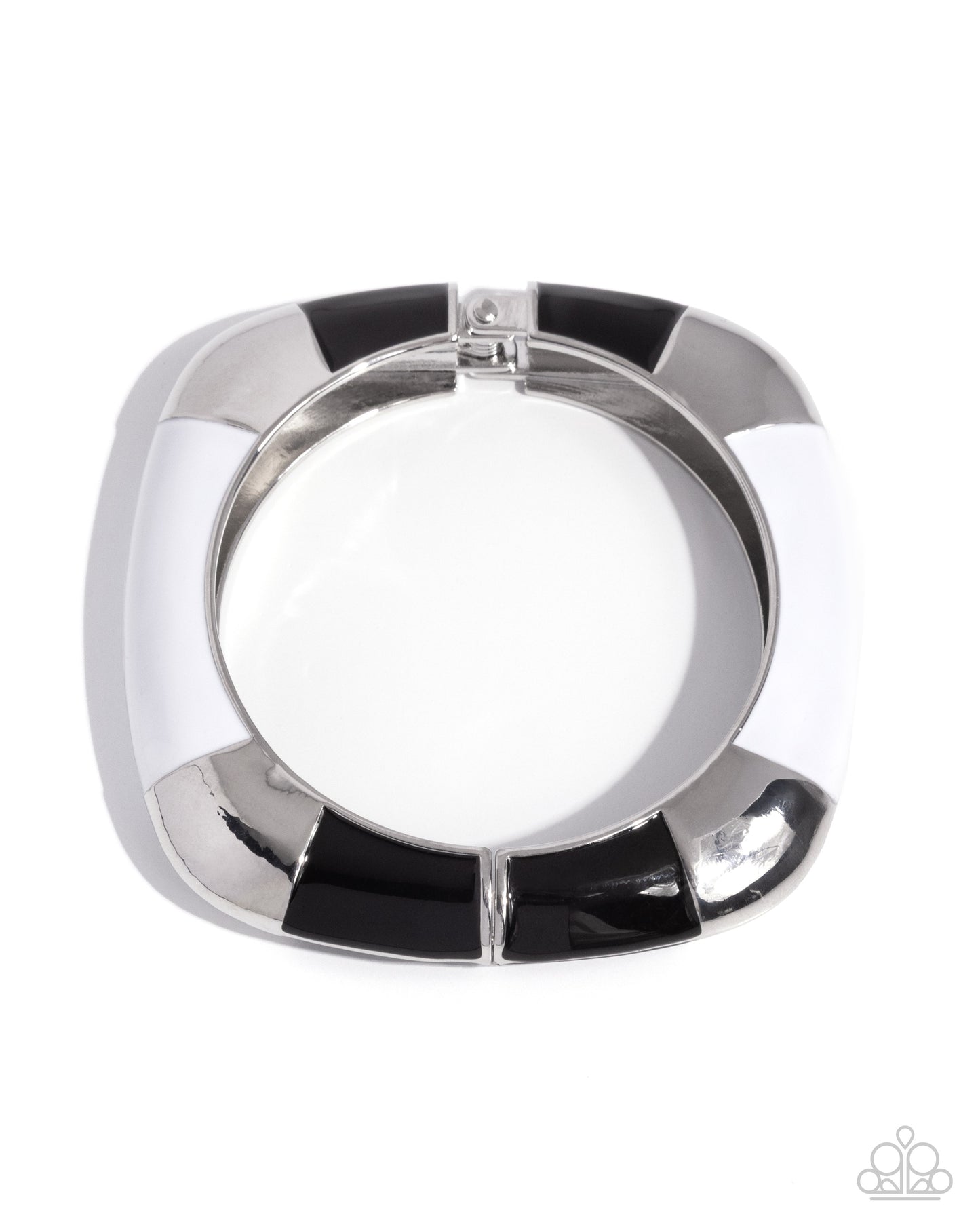 Silver ring with black accents on a white background