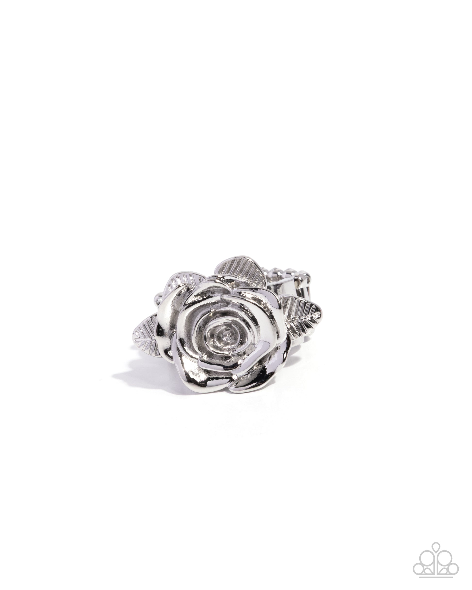 Silver rose-shaped ring on a white background