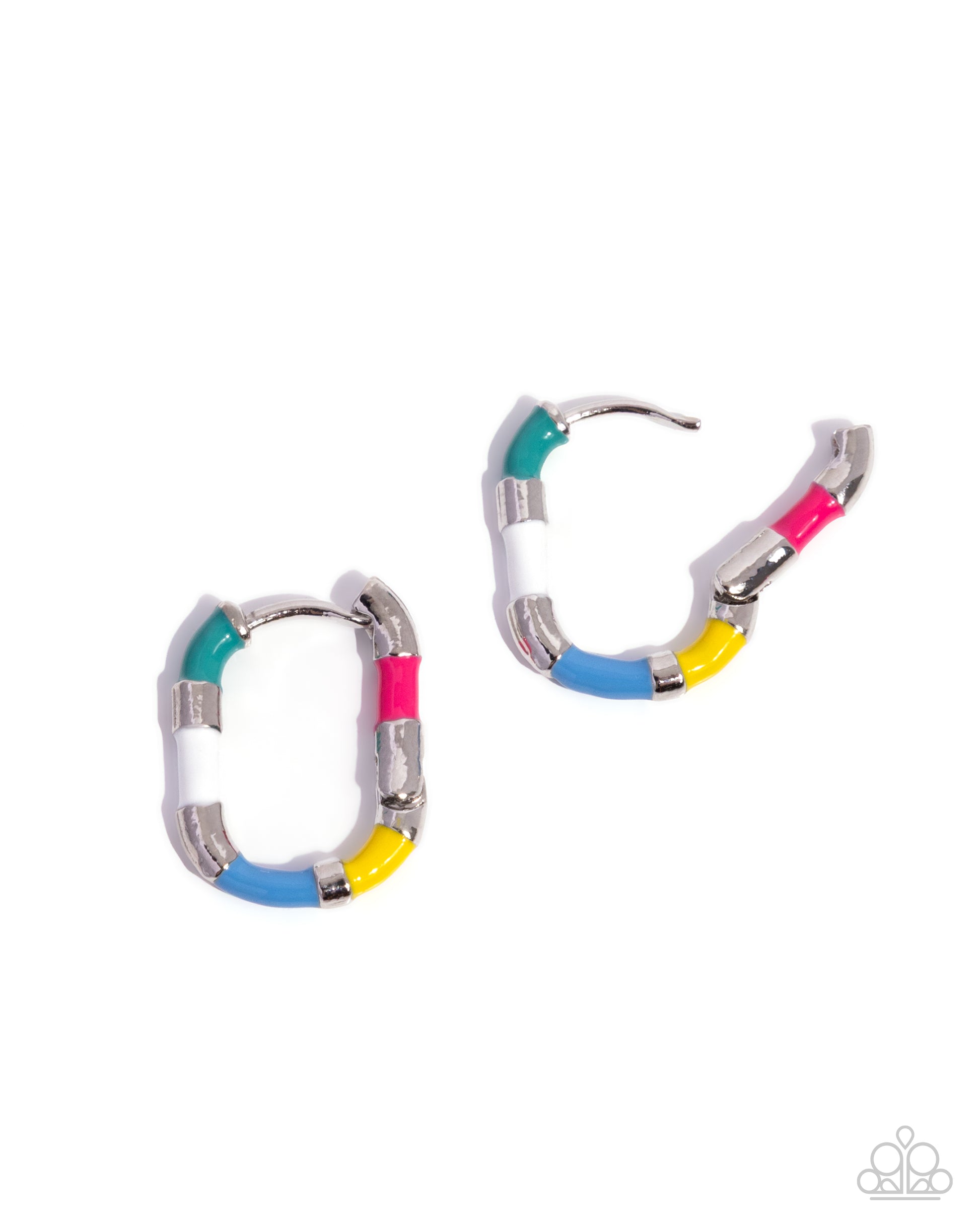 Pair of hoop earrings with colorful bands on a white background