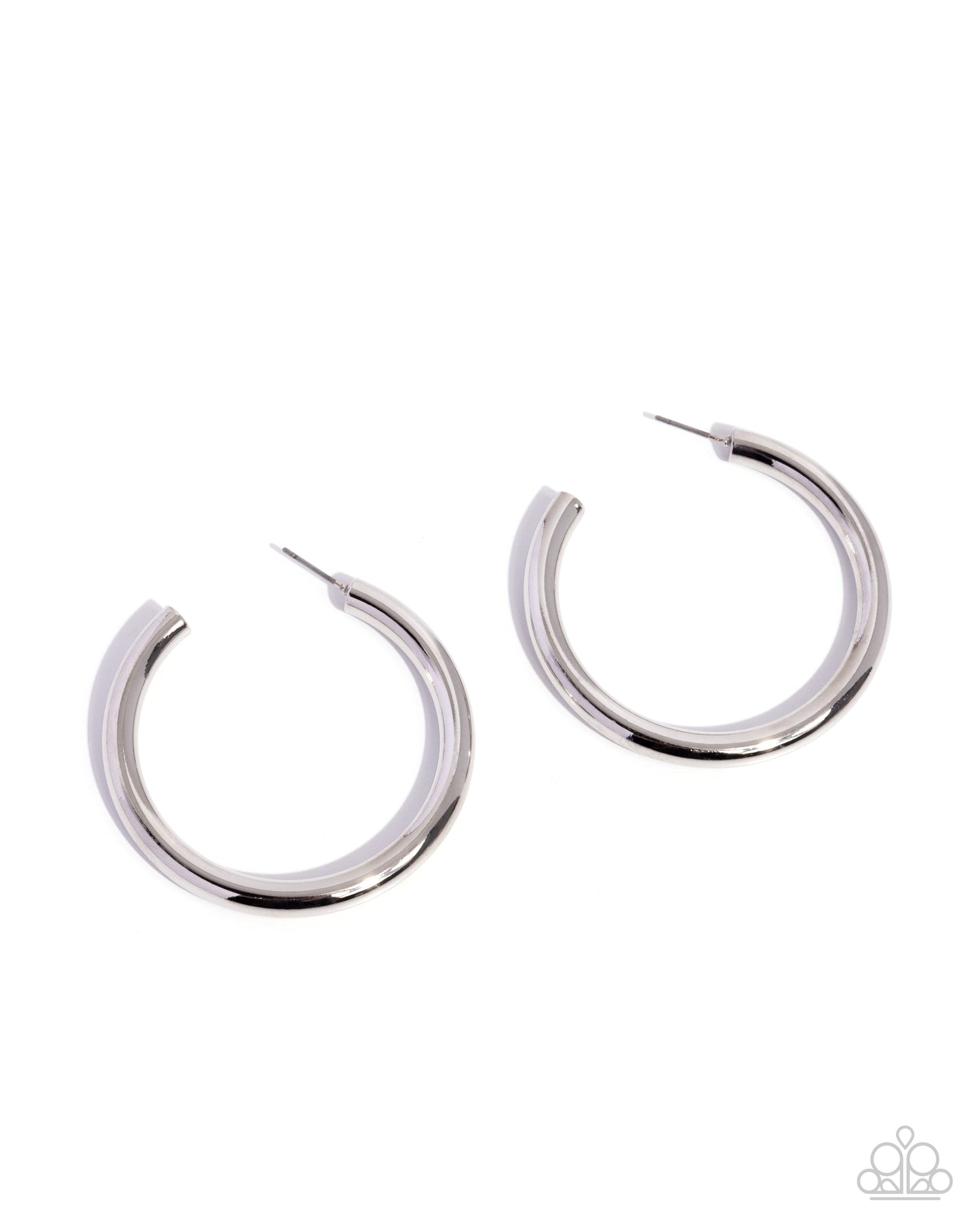 Pair of silver hoop earrings on a white background