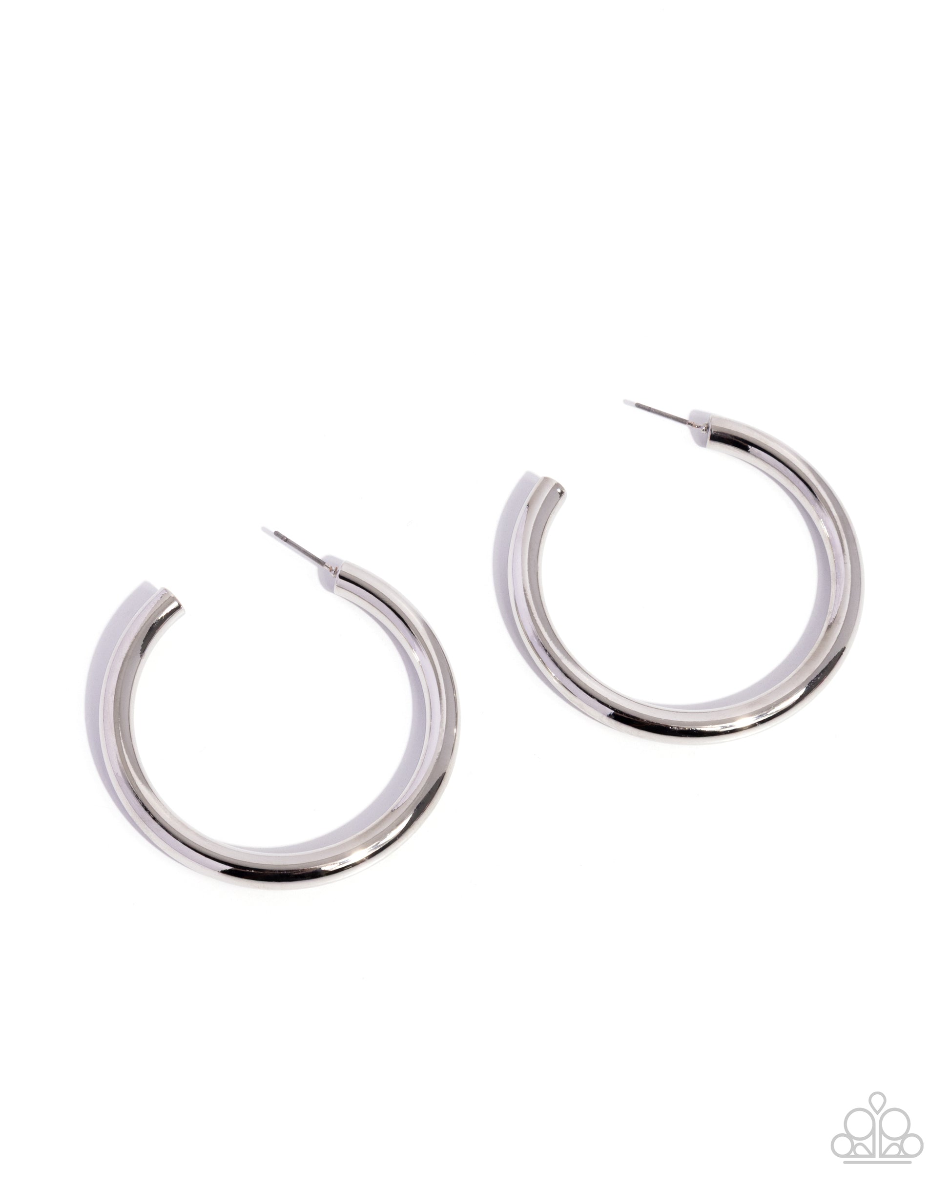 Pair of silver hoop earrings on a white background