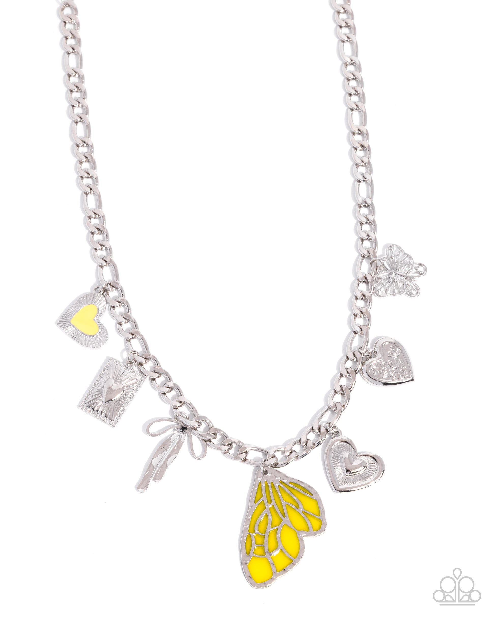 Silver necklace with various charms including a yellow butterfly pendant on a white background