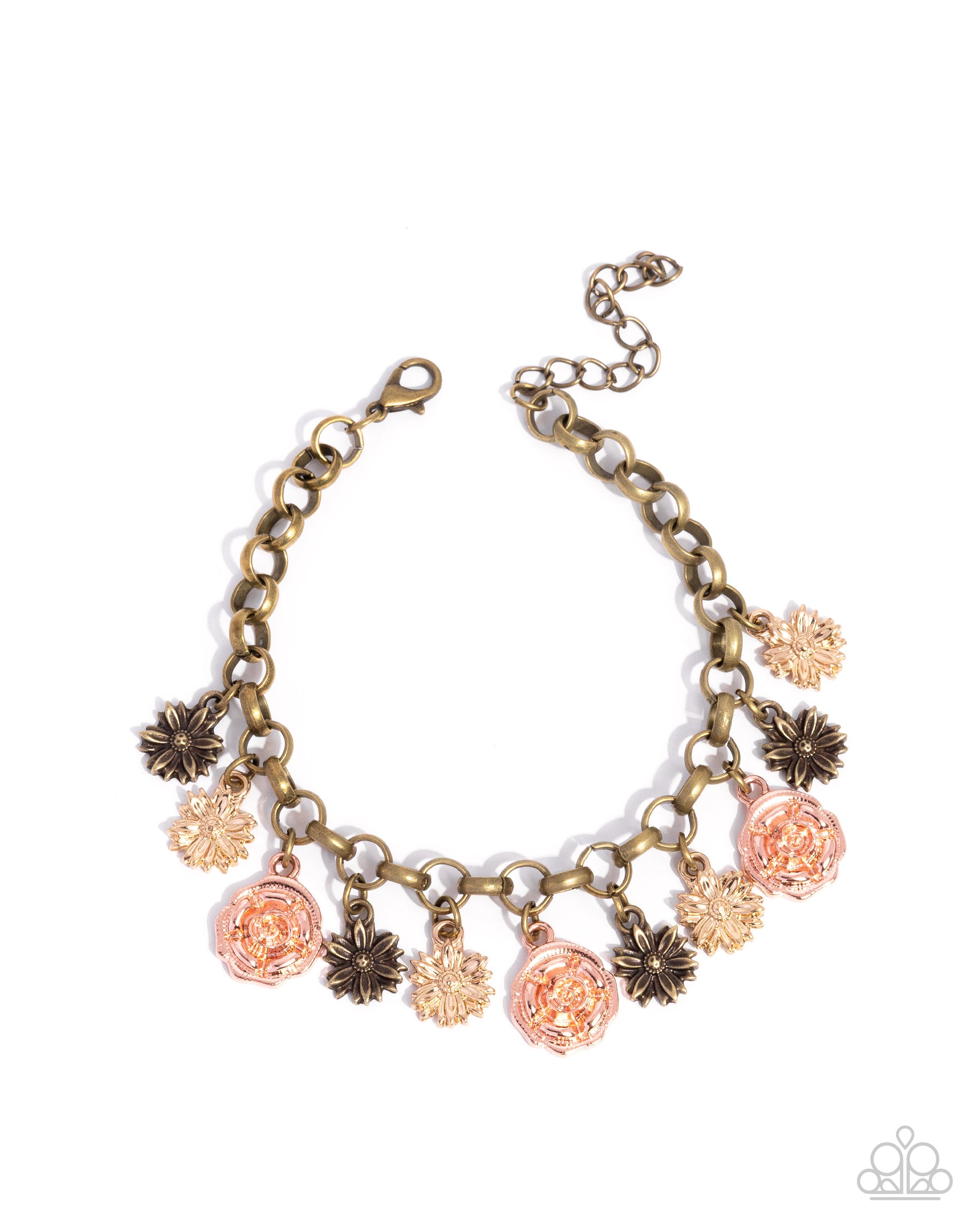 Brass and rose gold floral charm bracelet on a white background