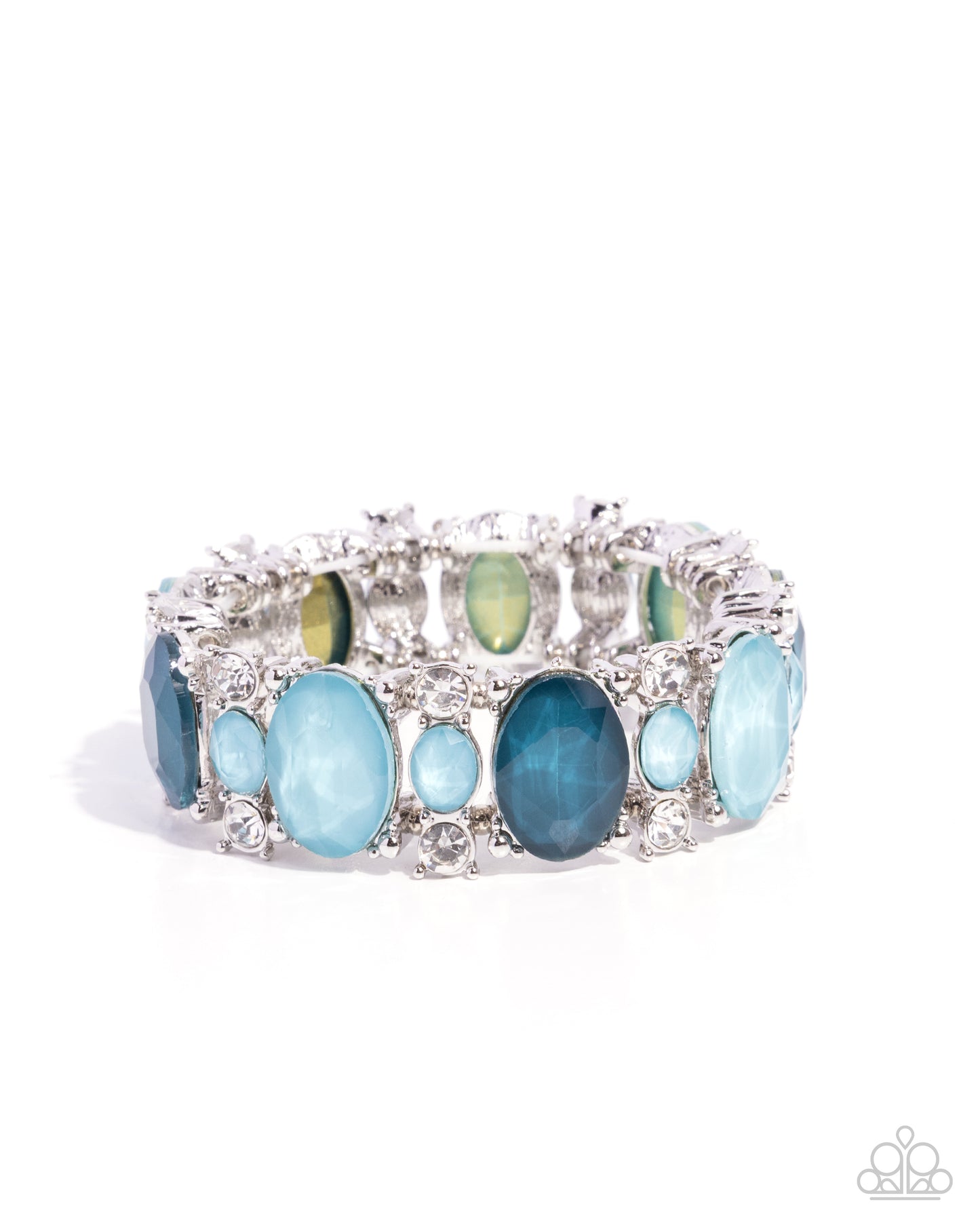 Silver bracelet with blue and green beads on a white background