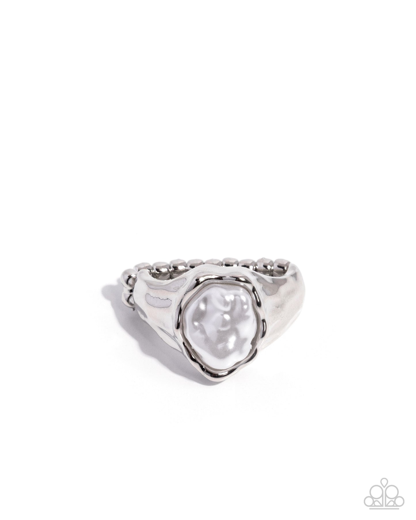 Silver ring with a central gemstone on a white background