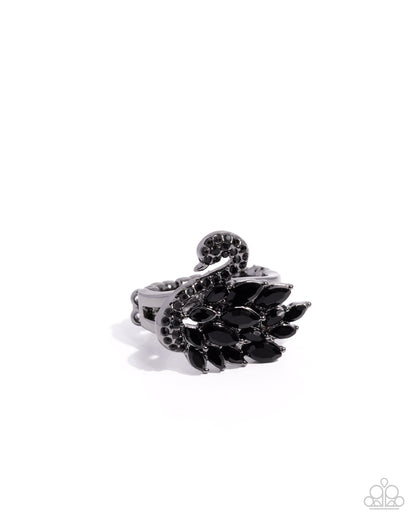 Black floral ring with a white background