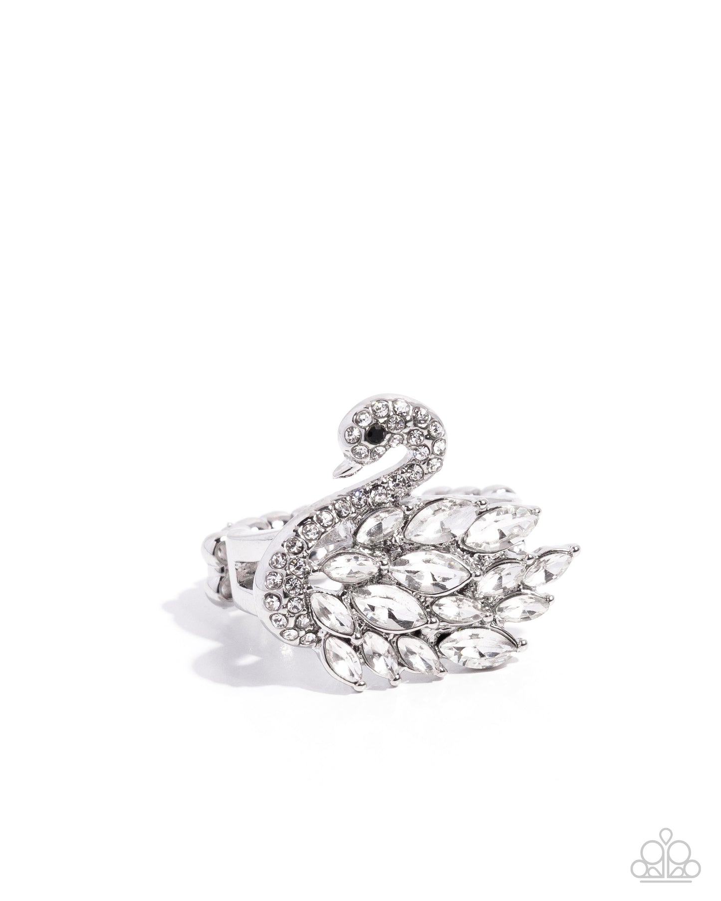 Silver swan-shaped ring with gemstones on a white background