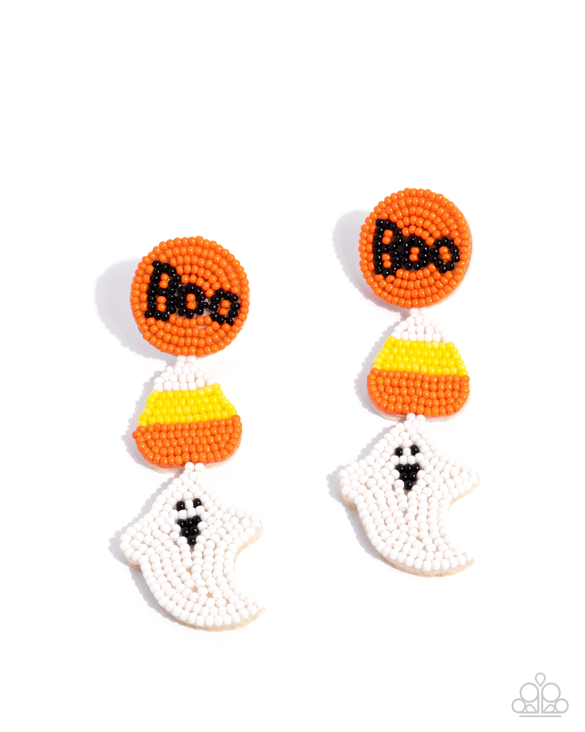 Halloween-themed earrings with candy corn and ghost designs on a white background