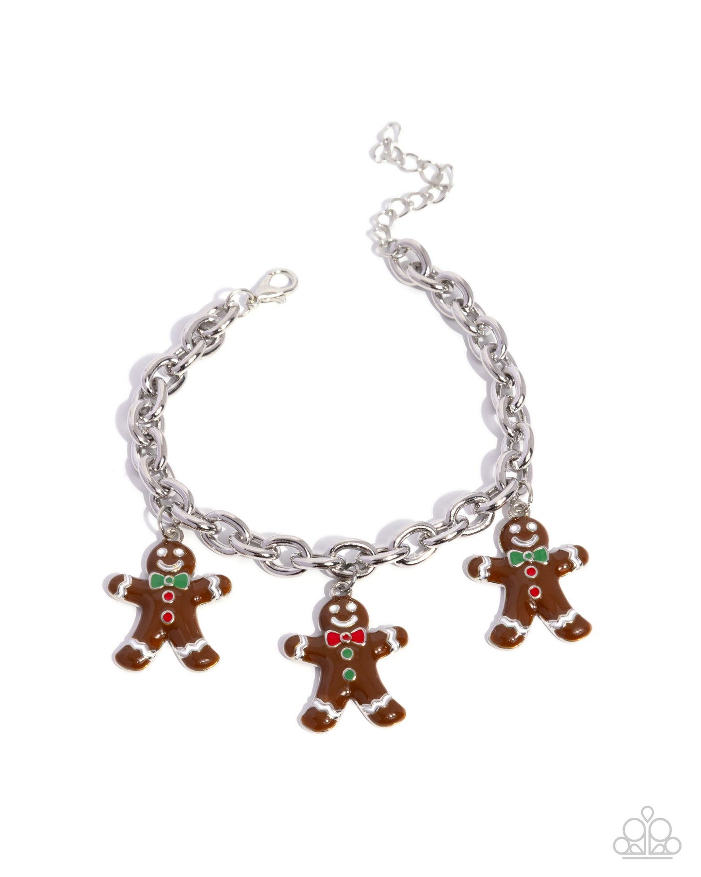 Silver bracelet with gingerbread man charms on a white background