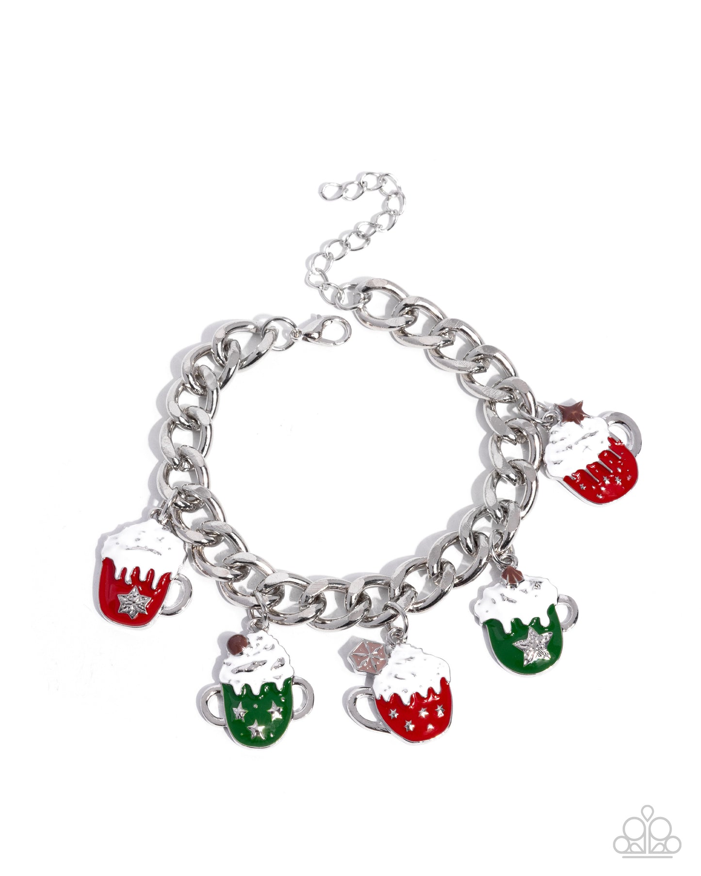 Silver bracelet with colorful cupcake charms on a white background