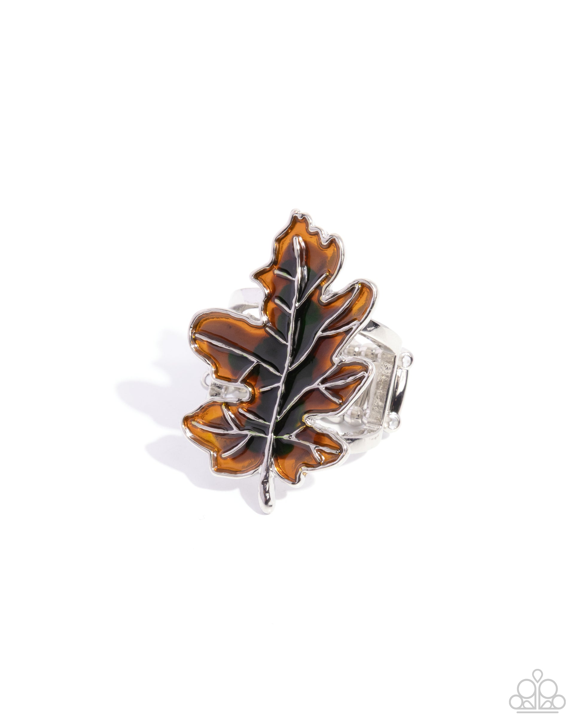 Silver ring with a brown leaf design on a white background