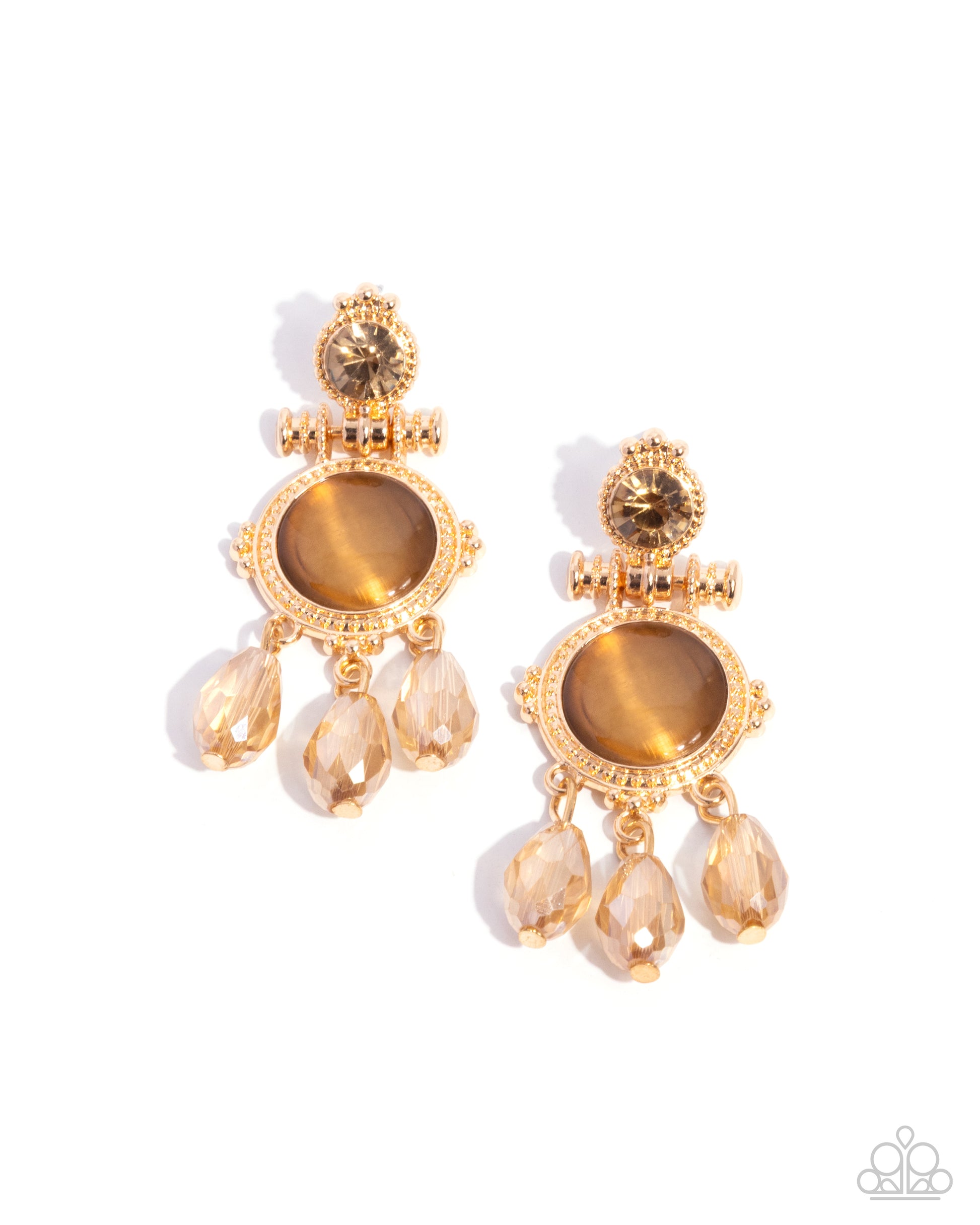 Gold earrings with cat's eye stones and dangling beads on a white background