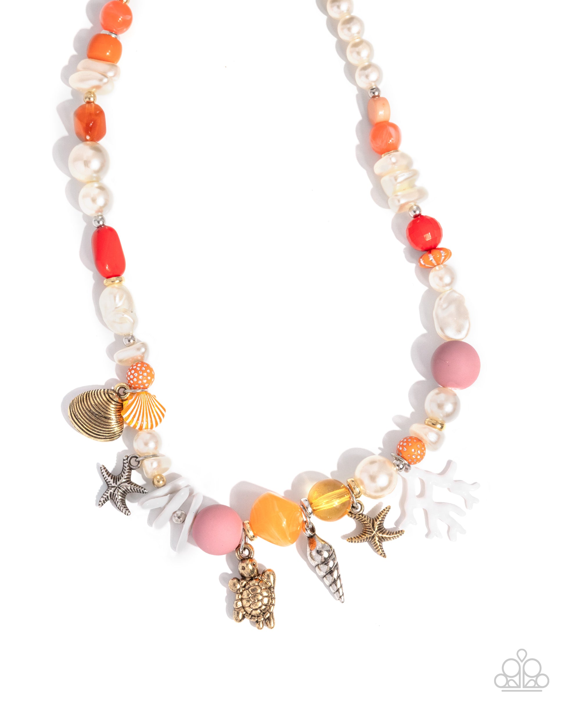 Necklace with colorful beads and shell charms on a white background