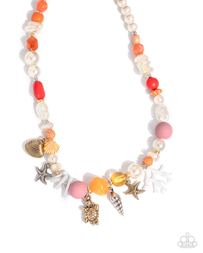 Necklace with colorful beads and shell charms on a white background