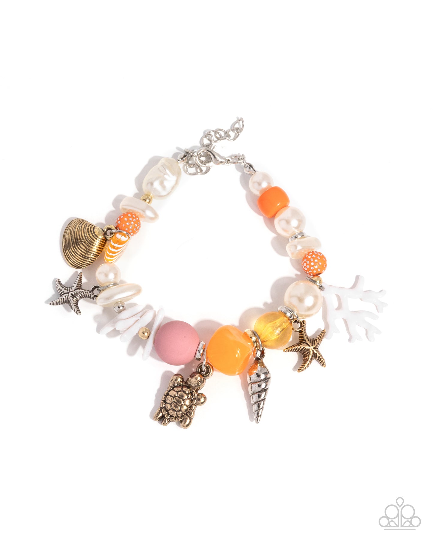 Colorful bracelet with shell and starfish charms on a white background