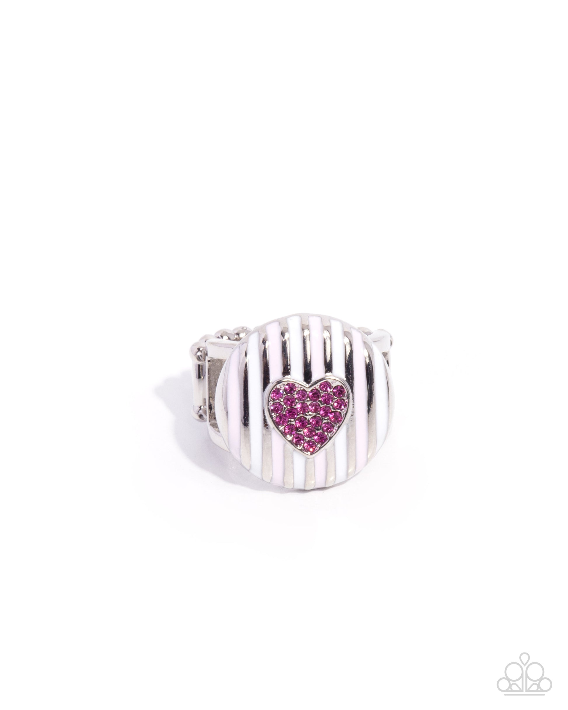 Silver ring with a pink heart-shaped gem on a white background