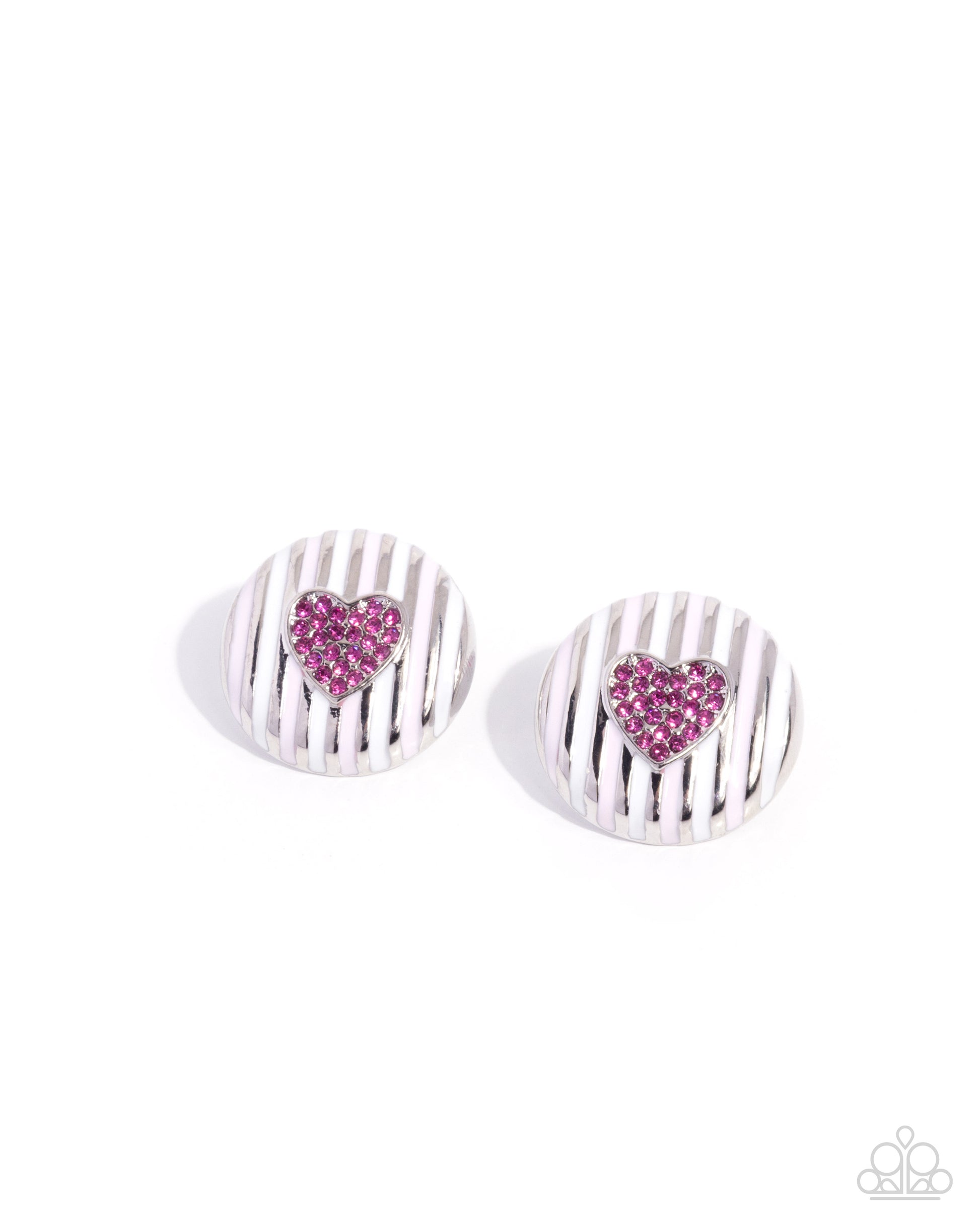Pair of silver earrings with pink heart stones on a white background