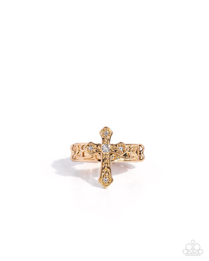 Holy Haute gold rhinestone cross stretch ring