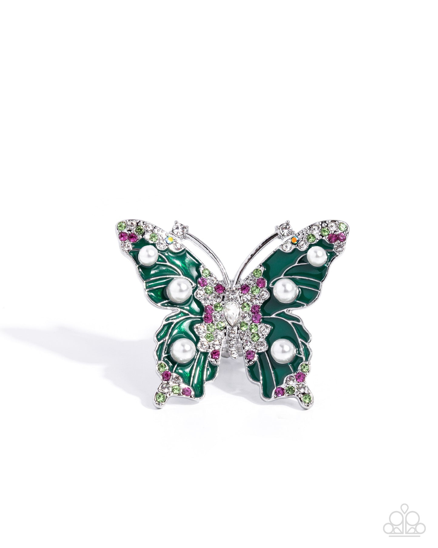 Butterfly-shaped brooch with green wings, pearls, and gemstones on a white background