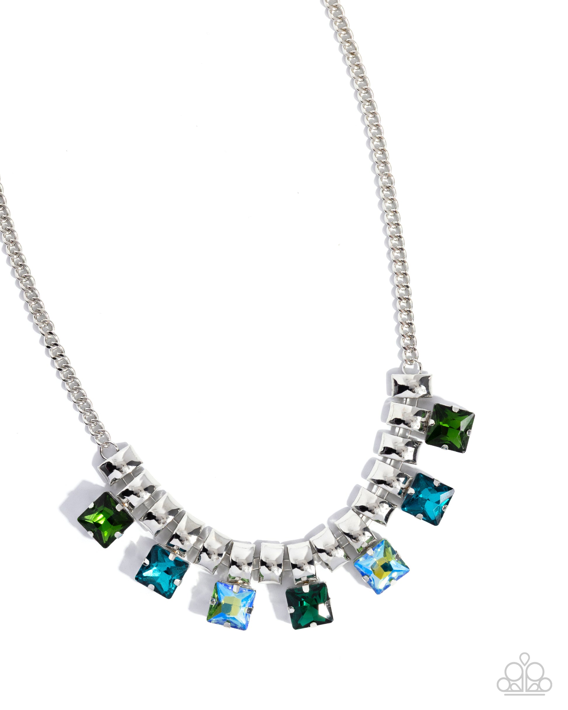 Necklace with colorful square stones on a white background