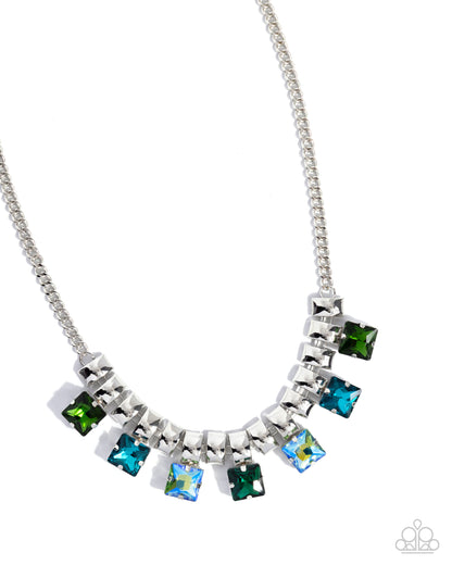Necklace with colorful square stones on a white background
