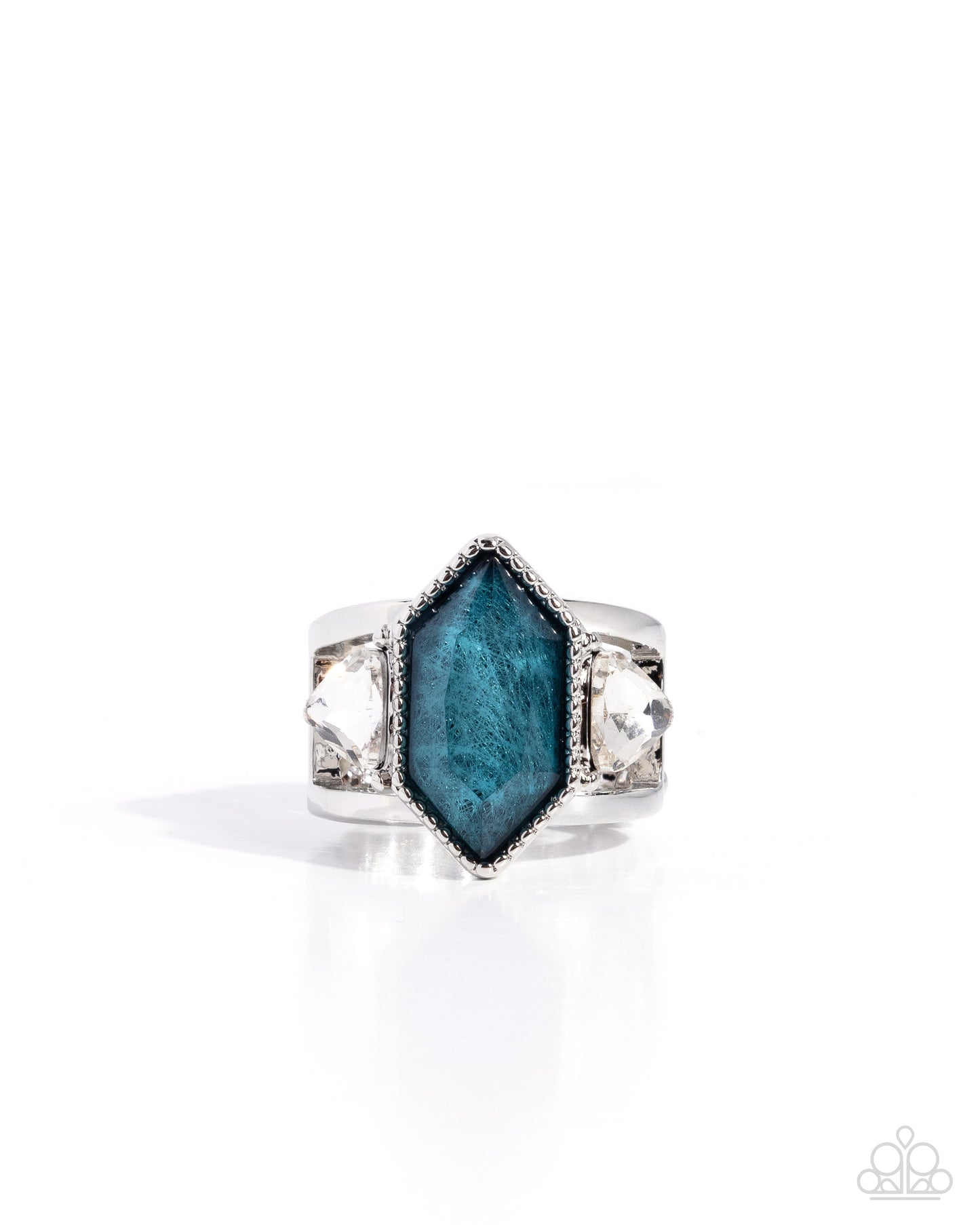 Silver ring with a blue gemstone on a white background
