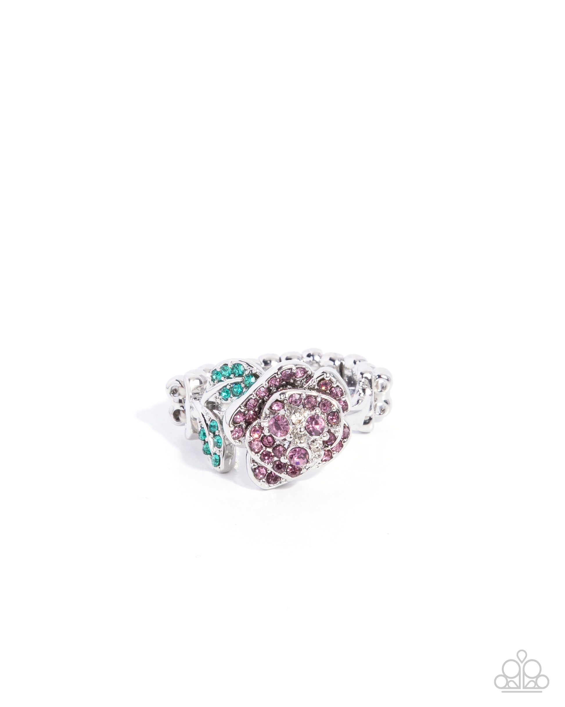 Silver ring with pink and green gemstones on a white background