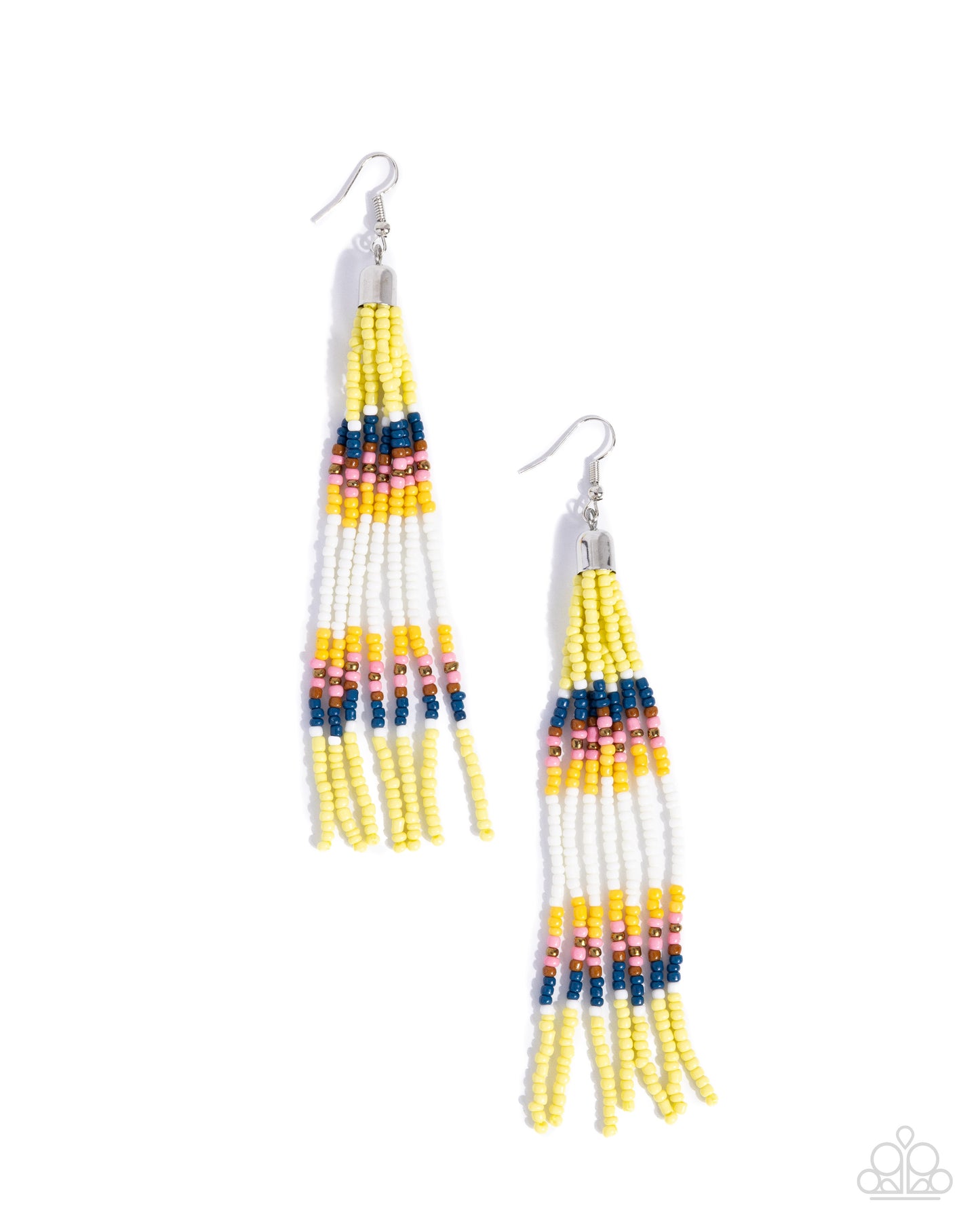 Pair of beaded earrings with yellow, blue, and pink accents on a white background
