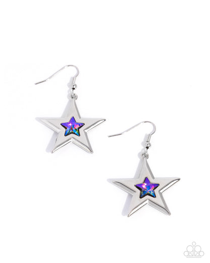 Star-shaped earrings with colorful center on a white background