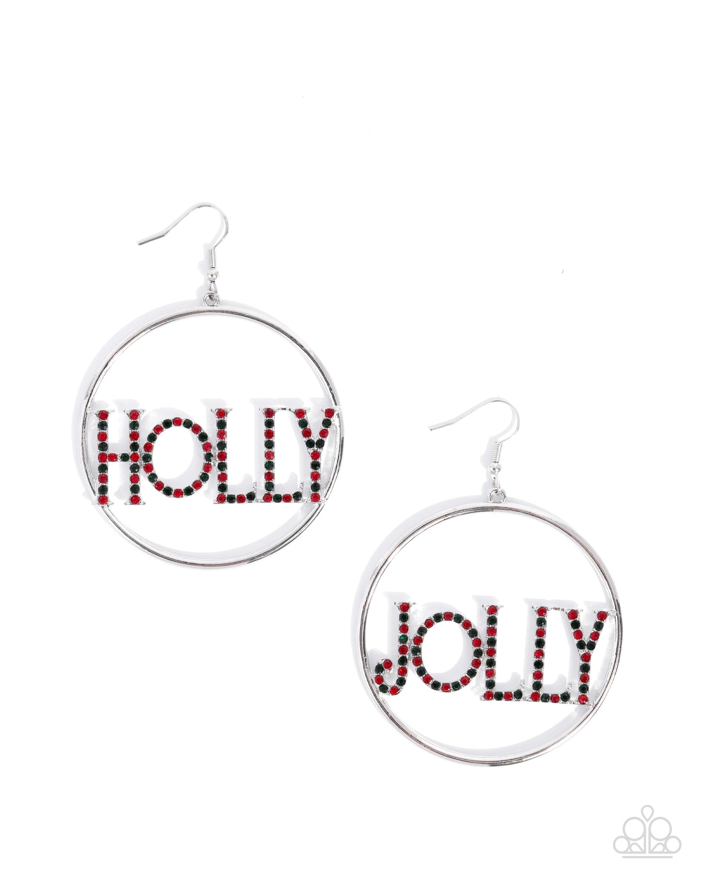 Round earrings with 'Holly Jolly' text on a white background