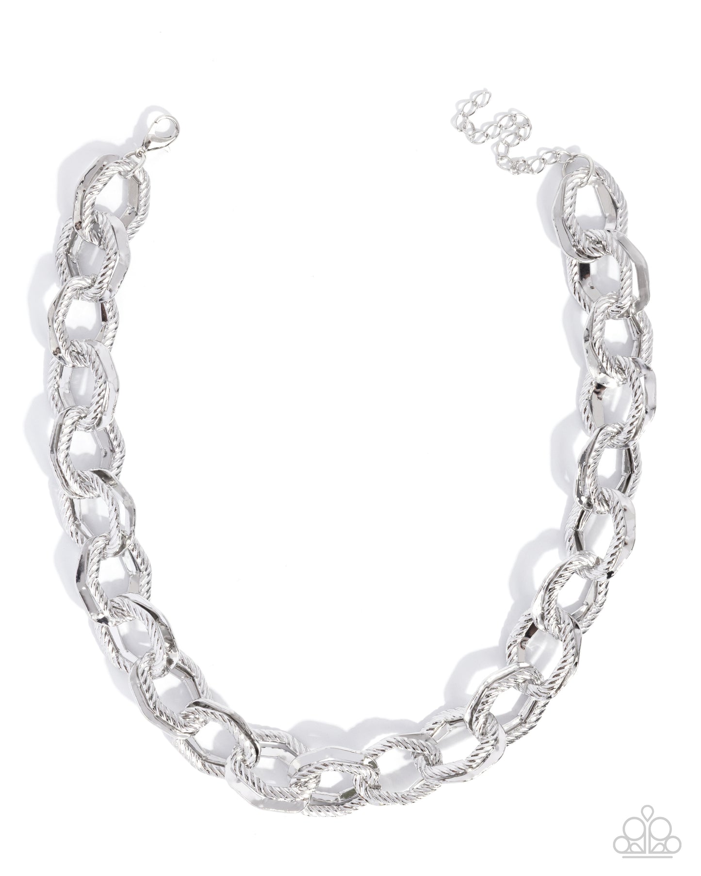 A silver-toned chunky chain link necklace with a twisted rope texture, displayed on a clean white background.
