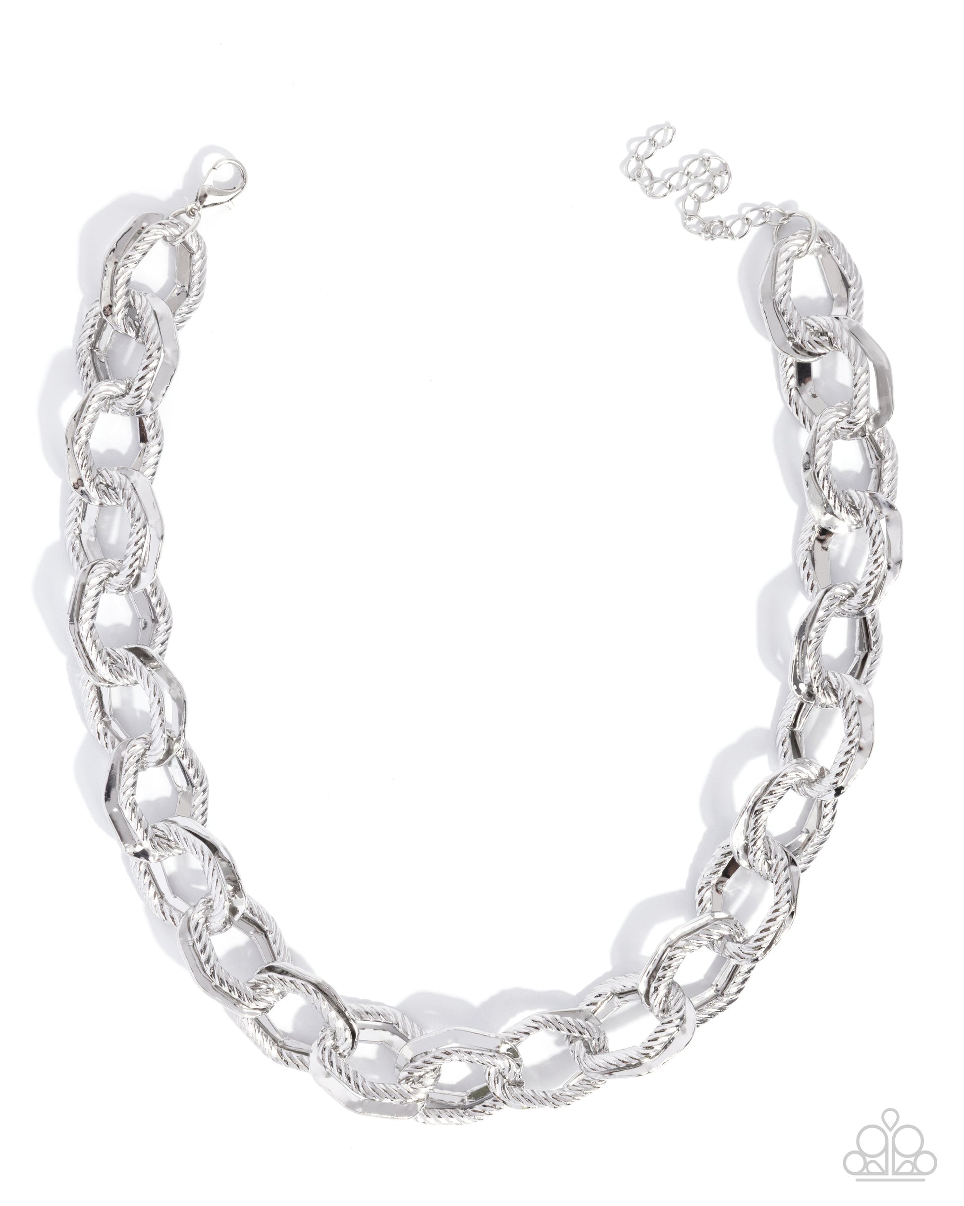 A silver-toned chunky chain link necklace with a twisted rope texture, displayed on a clean white background.