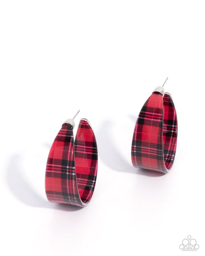 Red and black plaid earrings on a white background