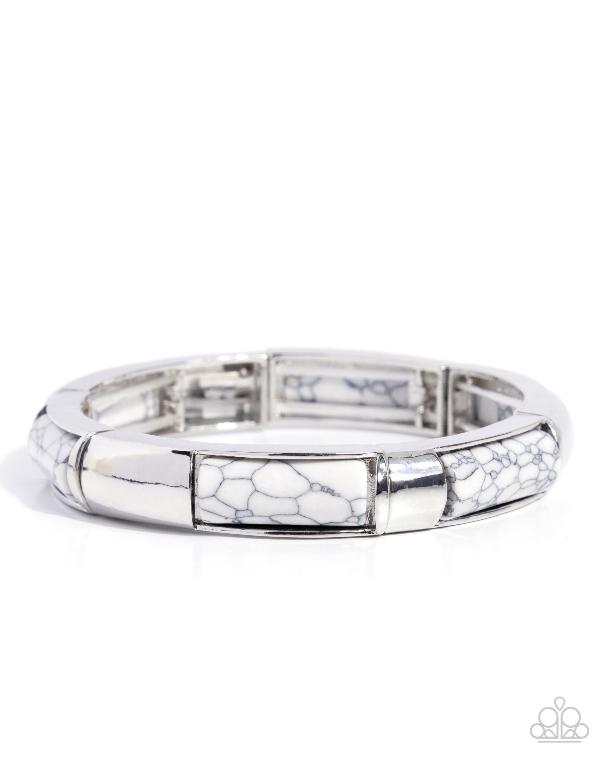 Silver bracelet with a white marbled pattern on a white background