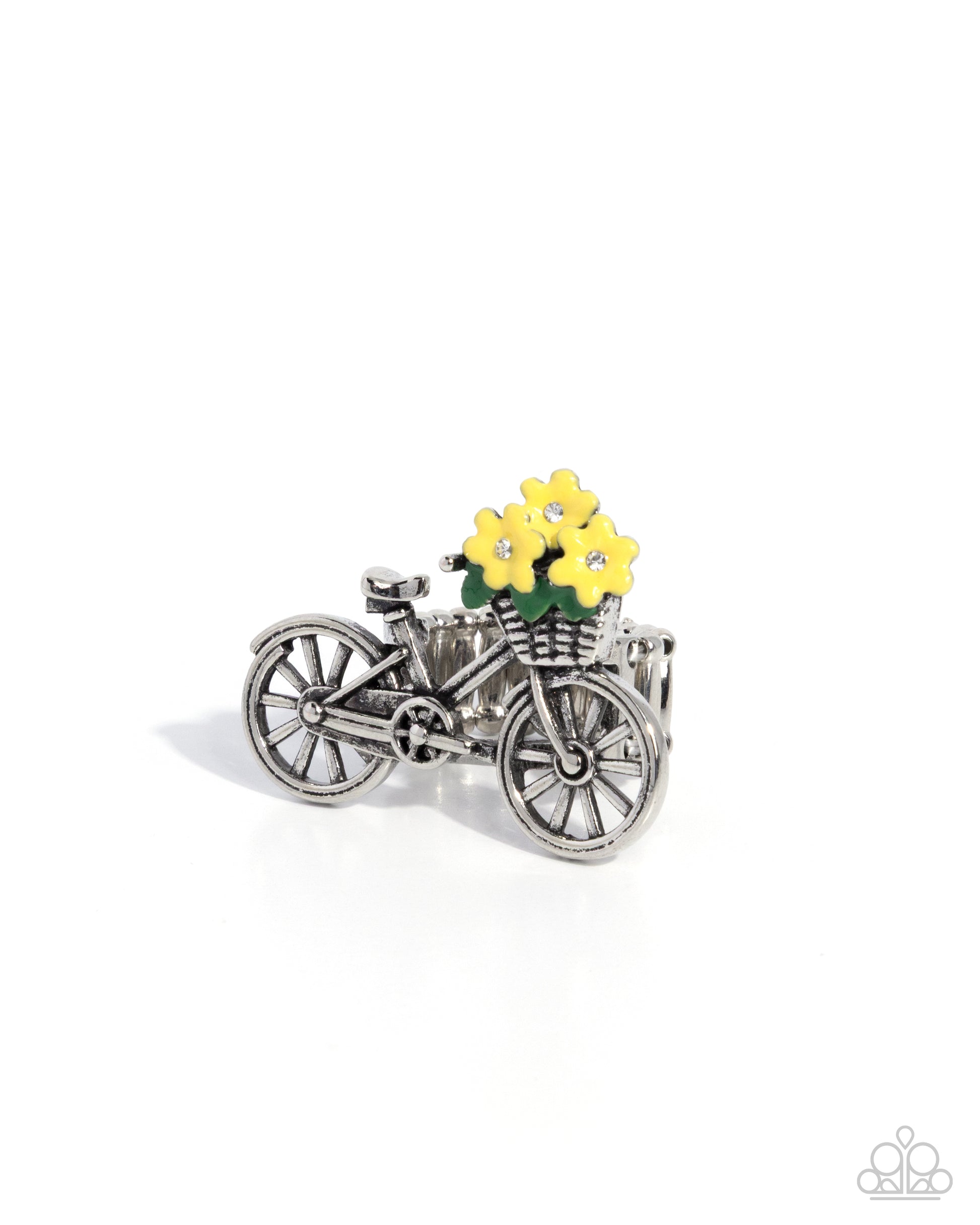 Silver bicycle charm with a yellow flower on a white background