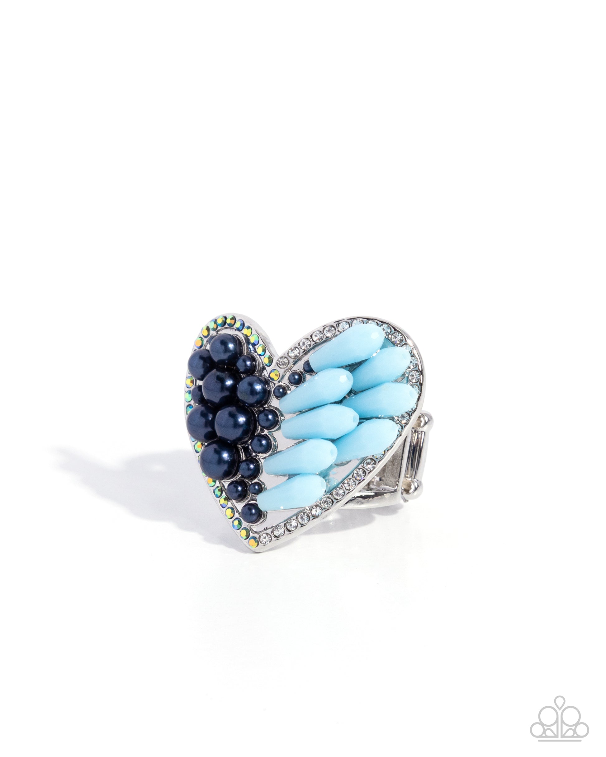 Heart-shaped ring with blue and black beads on a white background