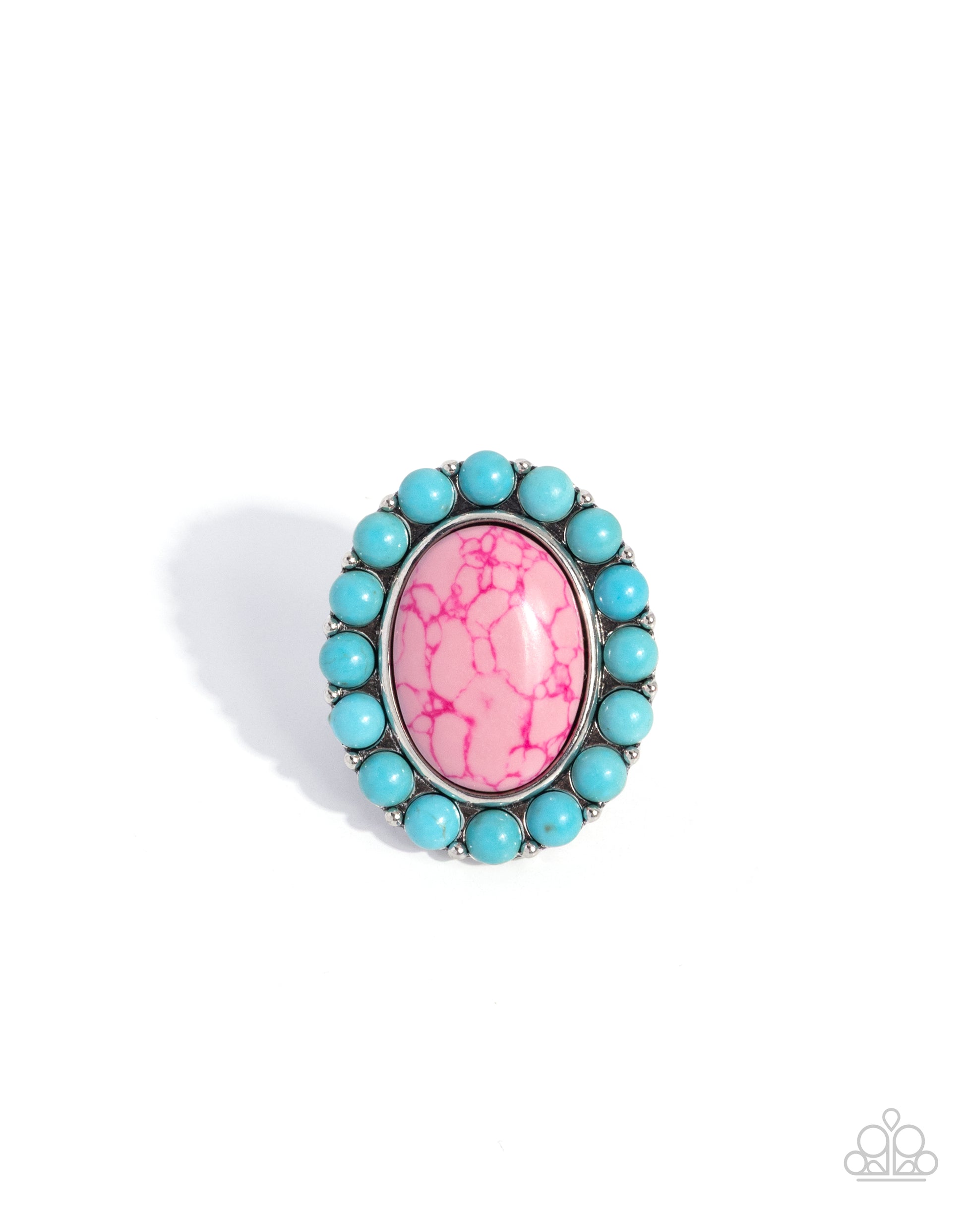 Turquoise beaded ring with a pink stone on a white background