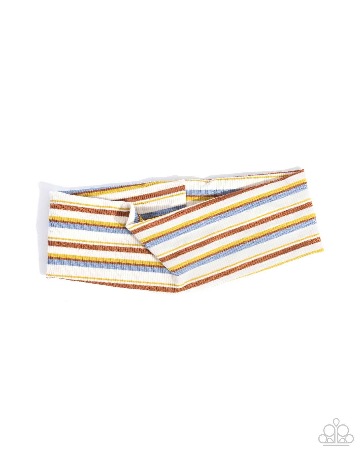Striped headband with brown, yellow, and blue stripes on a white background