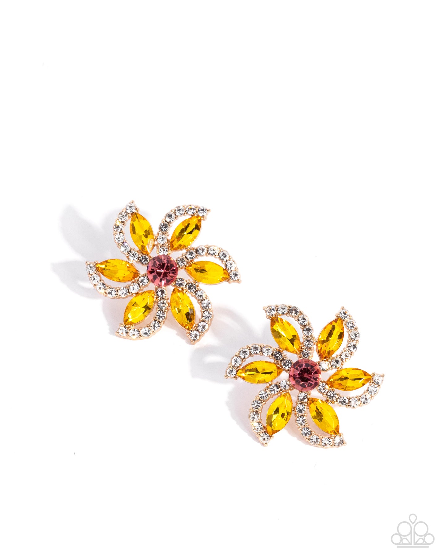 A pair of floral stud earrings with yellow marquise-cut crystals, clear rhinestone borders, and a small pink center stone, shown on a white background.